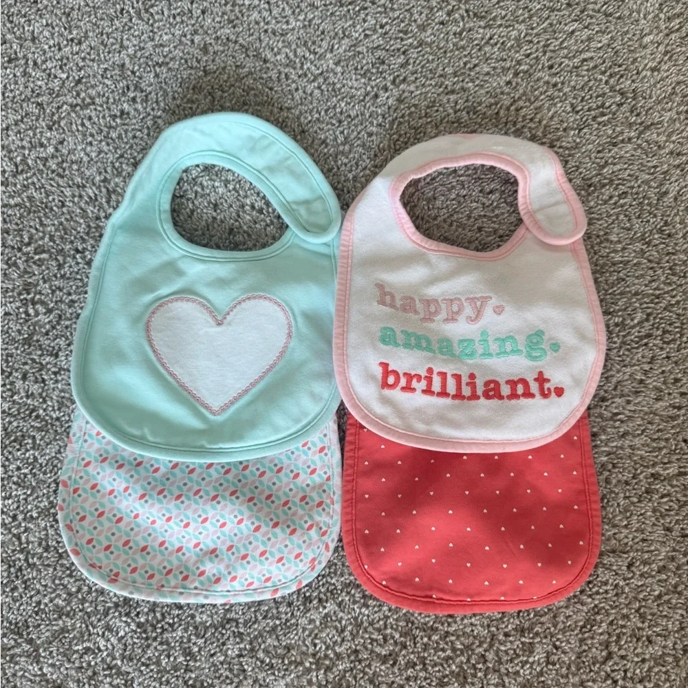 Carters 4pk Waterproof Infant Baby Feeding Bib Bibs Pink Dots Hearts Girl OS - Picture 2 of 12